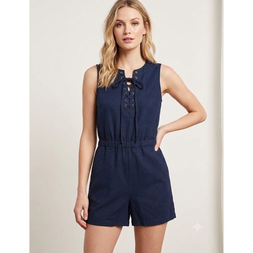 Banana Republic Lace Up Romper Womens 4 Navy Blue Excellent